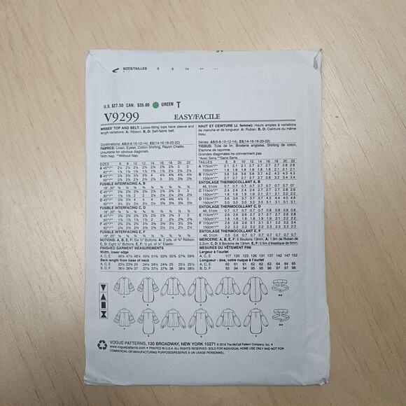 Vogue Easy Options V8299 Size 6-14 Full Longsleeve blouse Uncut Factory Folded - Picture 3 of 3